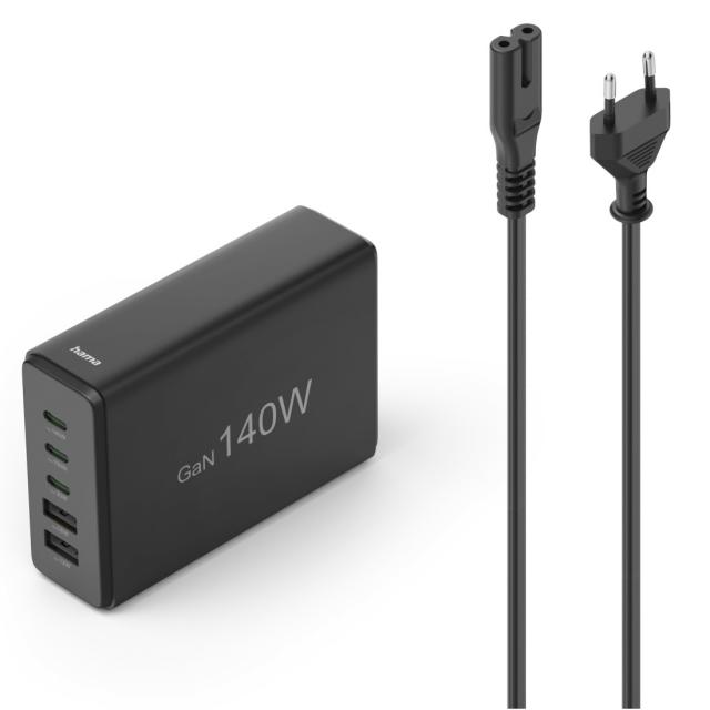 HAMA Зарядна станция 140 W, GaN, Fast Charger, 3 x USB-C, 2 x USB-A, PD 