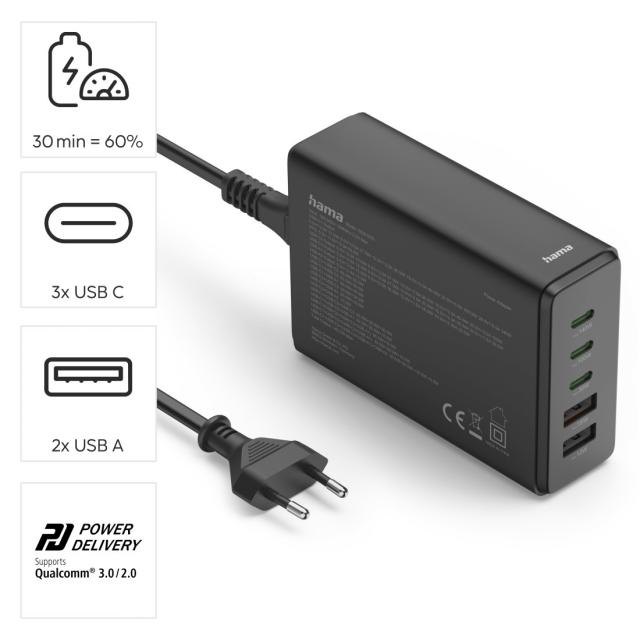 HAMA Зарядна станция 140 W, GaN, Fast Charger, 3 x USB-C, 2 x USB-A, PD 