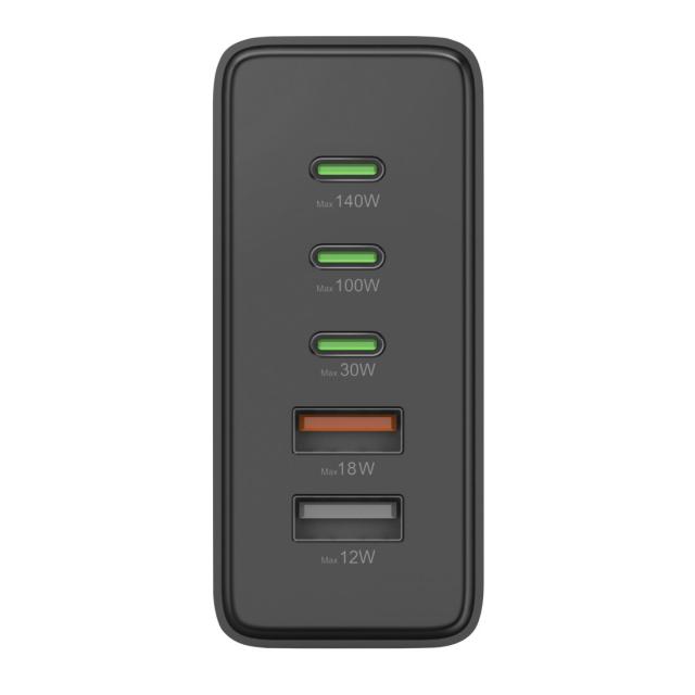 HAMA Зарядна станция 140 W, GaN, Fast Charger, 3 x USB-C, 2 x USB-A, PD 