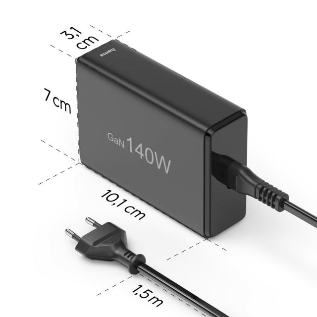 HAMA Зарядна станция 140 W, GaN, Fast Charger, 3 x USB-C, 2 x USB-A, PD 