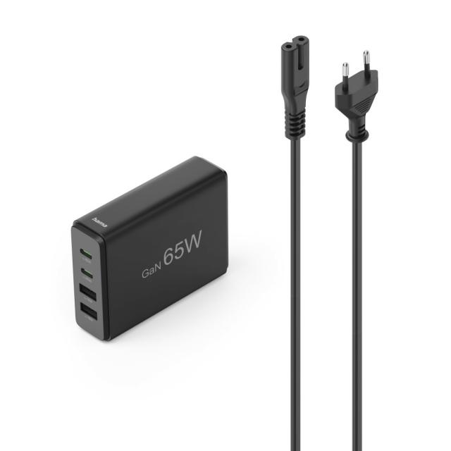 HAMA Зарядна станция 65 W, GaN, Fast Charger, 2 x USB-C, 2 x USB-A, PD 