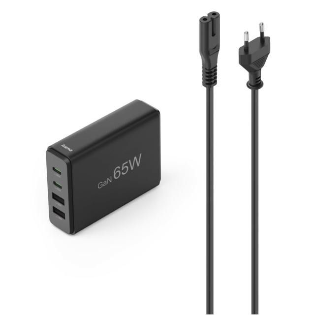 HAMA Зарядна станция 65 W, GaN, Fast Charger, 2 x USB-C, 2 x USB-A, PD 