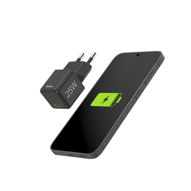 HAMA Бързо мини зарядно 220V, USB-C, PD/Qualcomm, 25 W, черен 