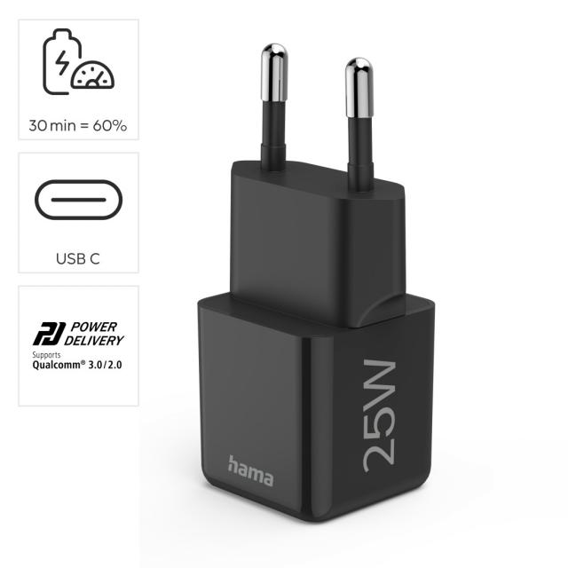 HAMA Бързо мини зарядно 220V, USB-C, PD/Qualcomm, 25 W, черен 
