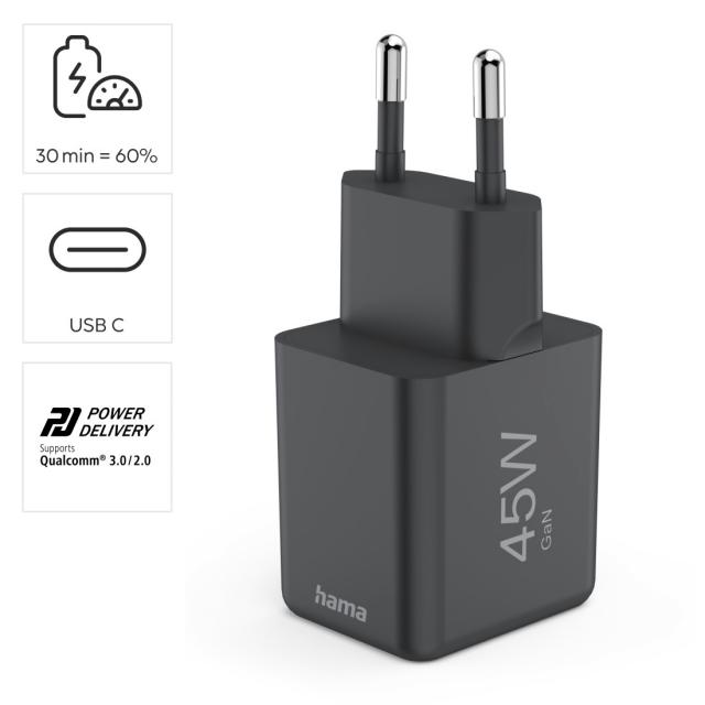 Hama Fast Charger, GaN, USB-C, Super-Mini Charger, PD, 45 W, black 