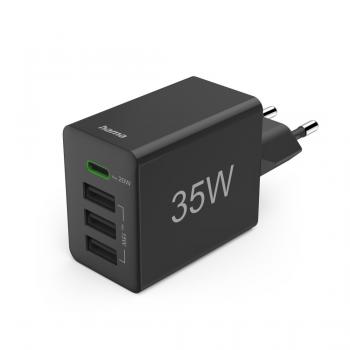 HAMA Мини Зарядно 220V 35 W, 1x USB-C PD, 3x USB-A, Черно