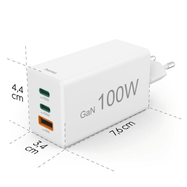 HAMA Бързо зарядно 220V, 100 W GaN, 2x USB-C PD, 1x USB-A QC 