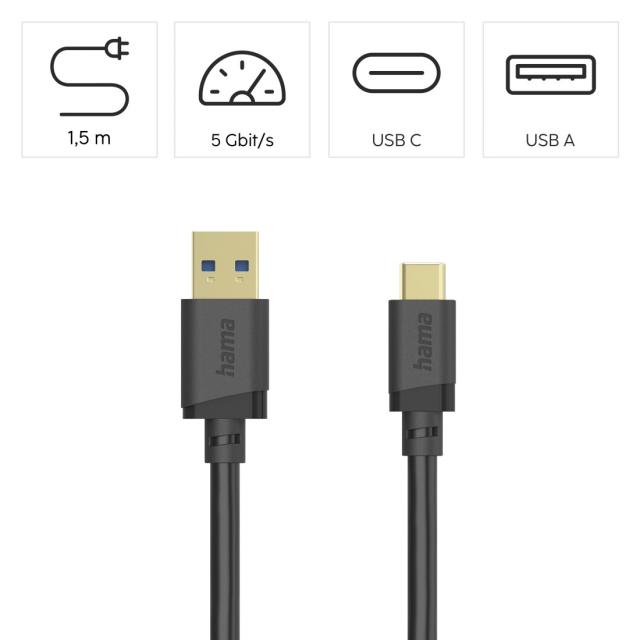 Hama USB Cable, USB-A Plug – USB-C Plug, USB 3.2 Gen 1, 5 Gbit/s, 1.5 m 