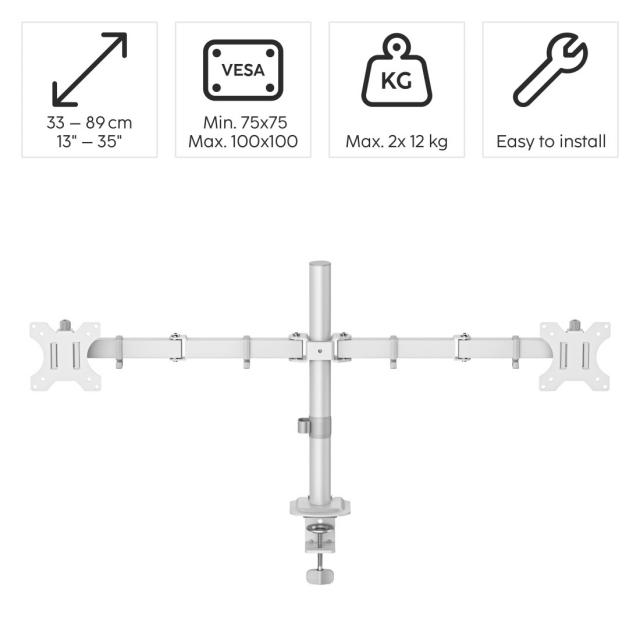 HAMA Стойка за 2 монитора за бюро, регулируема, 13" - 35", 12 кг, Бял 
