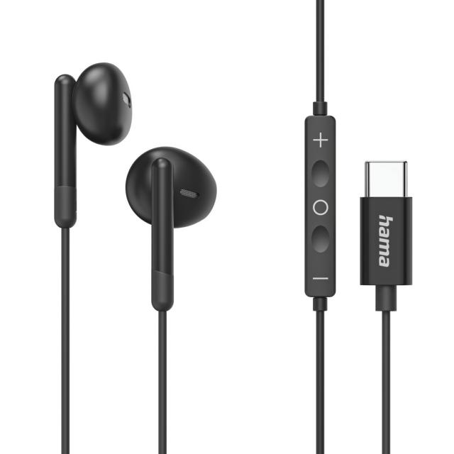 HAMA Слушалки "Classy", USB-C, накрайници, микрофон, защита от прегъване на кабела, черни 