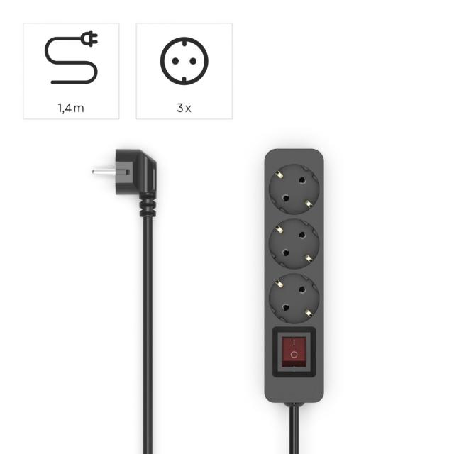 Hama Power Strip, 3-Way, with Switch, 1.4 m, black 