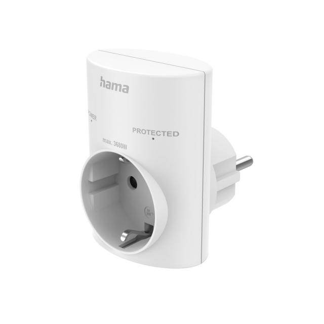 Hama Socket Adapter, Earthed Contact, Overvoltage Protection, Mains Voltage, white 