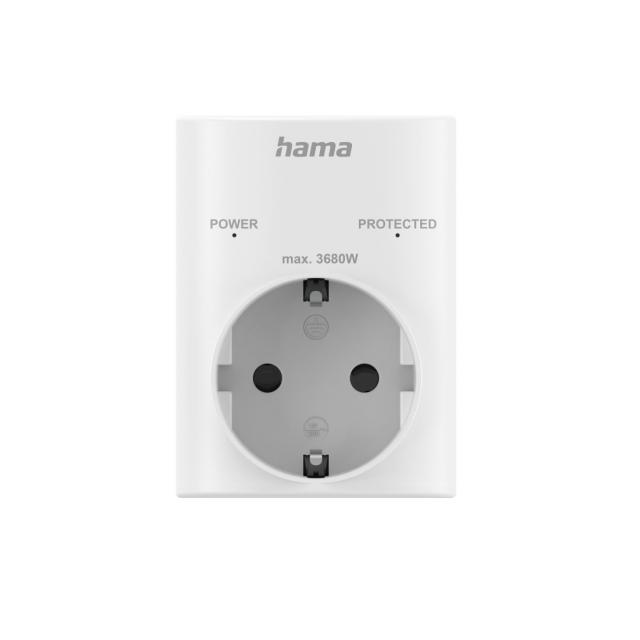 Hama Socket Adapter, Earthed Contact, Overvoltage Protection, Mains Voltage, white 