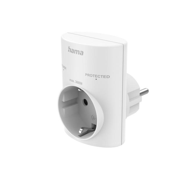 Hama Socket Adapter, Earthed Contact, Overvoltage Protection, Mains Voltage, white 