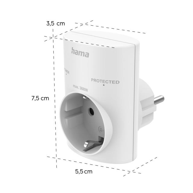 Hama Socket Adapter, Earthed Contact, Overvoltage Protection, Mains Voltage, white 