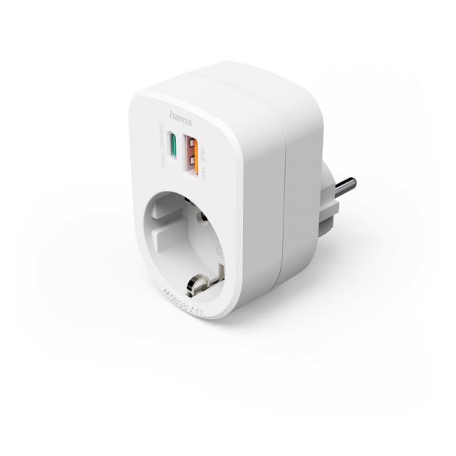 Hama 3-Way Power Strip for Socket, 1 USB-C PD, 1 USB-A, 1 Earthed Contact, 30W 