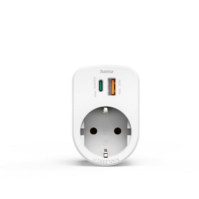 Hama 3-Way Power Strip for Socket, 1 USB-C PD, 1 USB-A, 1 Earthed Contact, 30W 