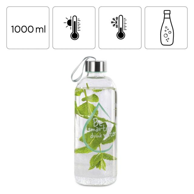 Xavax To Go Glass Bottle, 1l, with Protective Sleeve, Loop, for Carbonated & Hot/Cold 