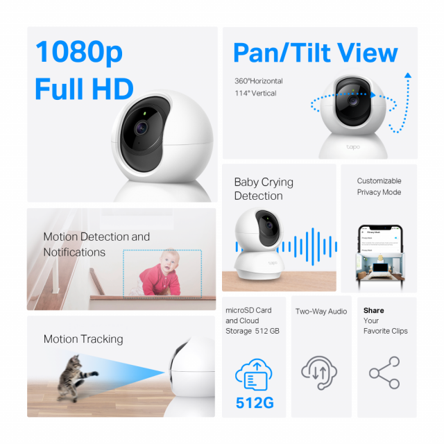 Домашна охранителна WiFi камера TP-Link Tapo C200P2, Pan/Tilt - 2 Броя 
