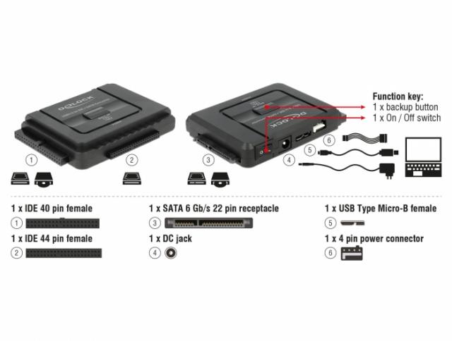 Конвертор Delock, USB 5 Gbps - SATA 6 Gb/s / IDE 40 pin / IDE 44 pin, backup функция 