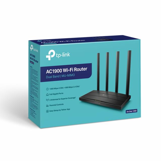 Безжичен рутер TP-Link Archer C80 AC1900, 2.4/5 GHz, 600 - 1300 Mbps, 10/100/1000 