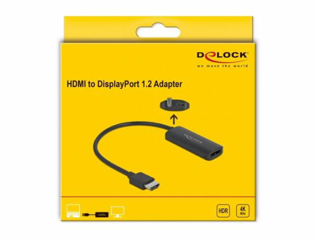 Адаптер Delock 63206, HDMI-A мъжко - DisplayPort женско, 4K 60 Hz, Черен 