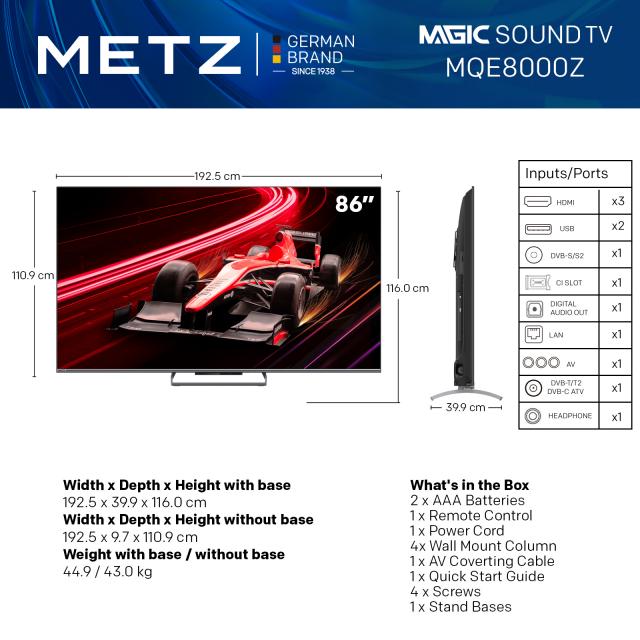 Телевизор METZ 86MQE8000Z, 86"(217 см), QLED, Google TV, 4K/UND, 144Hz 