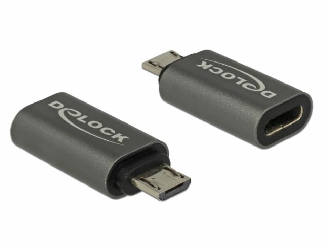 Адаптер Delock, USB 2.0, Micro-B мъжко - USB Type-C женско, Черен 