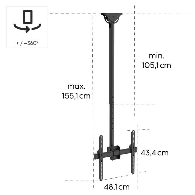 Стойка за таван Hama TV, въртяща се, накланяща се, 165 см (65") до 50 кг, 220878 