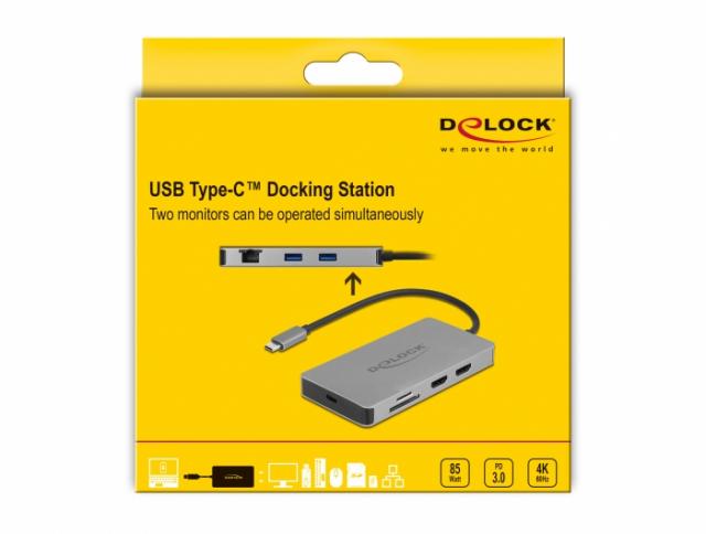 Докинг станция Delock USB-C - Dual HDMI, USB 3.2, SD, LAN, PD3.0, Сива 