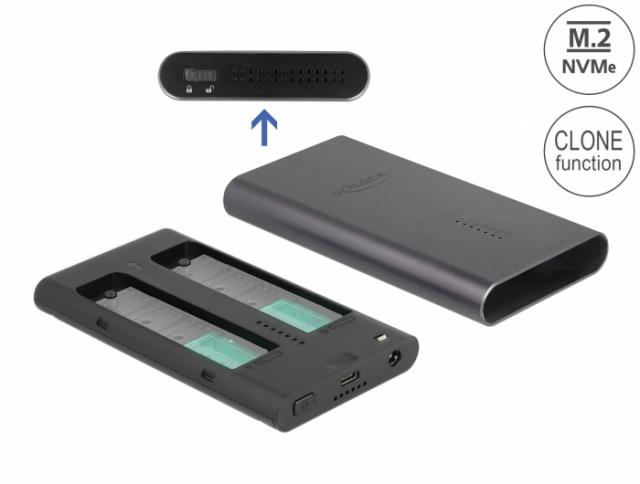 Външно чекмедже Delock, За 2 x M.2 NVMe PCIe SSD, USB-C, Клониране 