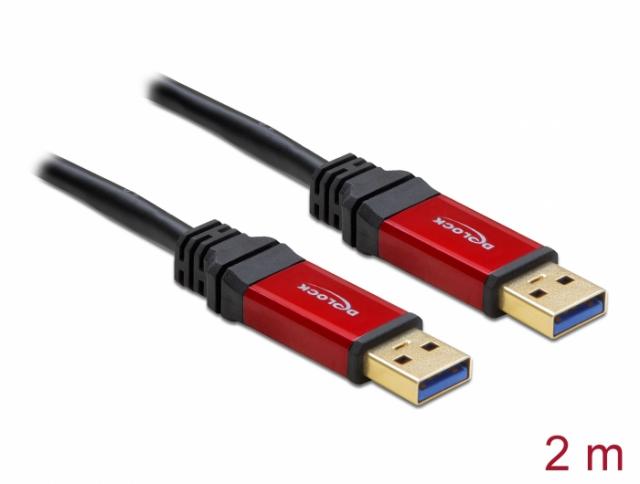 Кабел Delock  USB-A мъжко - USB-А мъжко, 2 м, Premium, Екраниран, Черен 