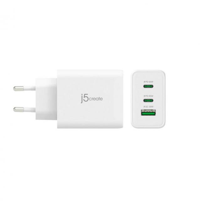 Мрежово зарядно j5create JUP3365E 65W, 3 порта, USB-C, USB-A 