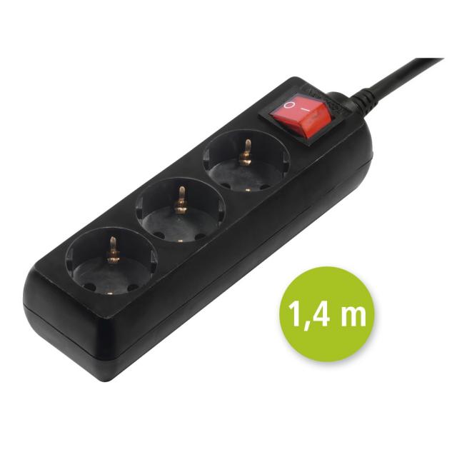 Hama Power Strip, 3-Way, with Switch, 1.4 m, black 