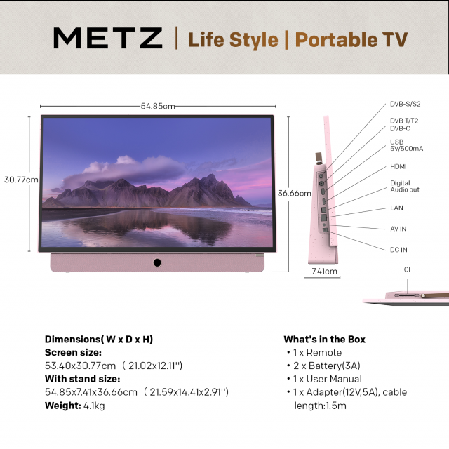 METZ Portable TV  24MPE7300Z 24" LED FHD(1920x1080) GoogleTV, HDR10, pink 