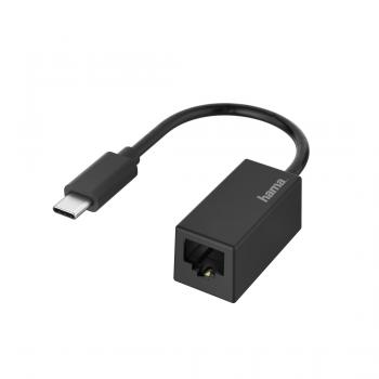 Мрежов адаптер HAMA, USB-C мъжко - RJ-45 женско, Gigabit, Черен