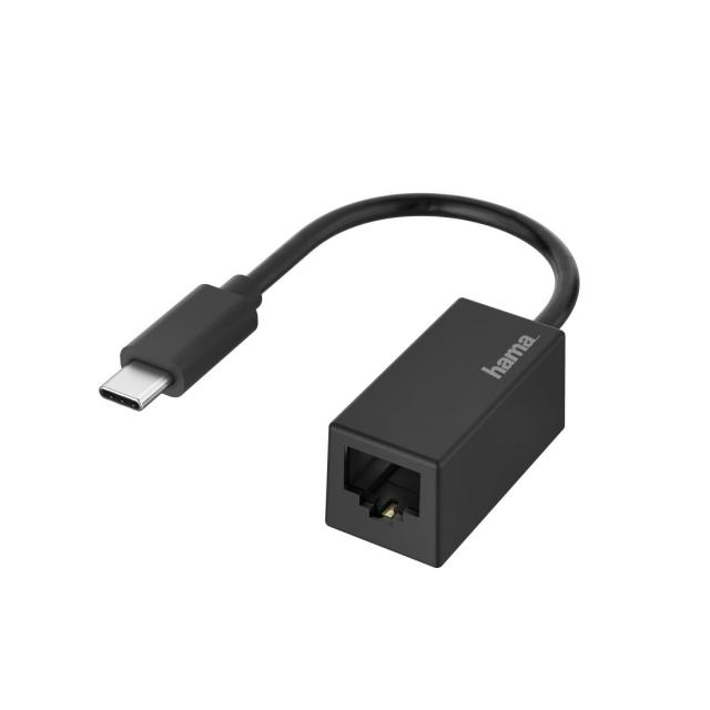 Мрежов адаптер HAMA, USB-C мъжко - RJ-45 женско, Gigabit, Черен 