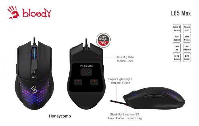 A4tech Lightweight gaming mouse Bloody L65 Max, 12000 cpi, Honeycomb, Black 