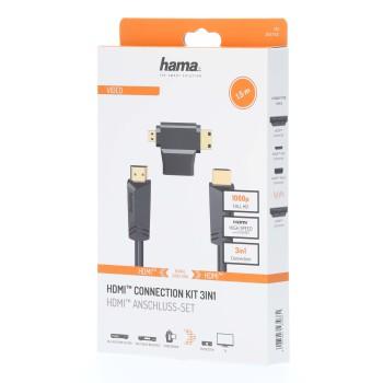 Кабел HAMA 205162, HDMI мъжко - HDMI мъжко, + HDMI адаптер(mini / micro), 1.5 м, Черен 