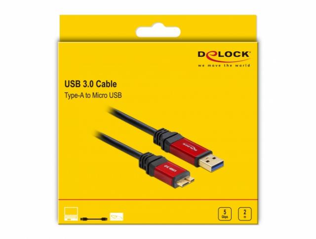 Кабел Delock  USB-A мъжко - USB Micro-B мъжко, 2 м, Premium, Екраниран, Черен 