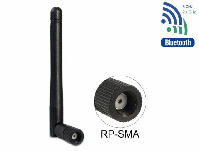 Delock WLAN 802.11 ac/a/b/g/n Antenna RP-SMA plug 2 dBi omnidirectional with tilt joint black 