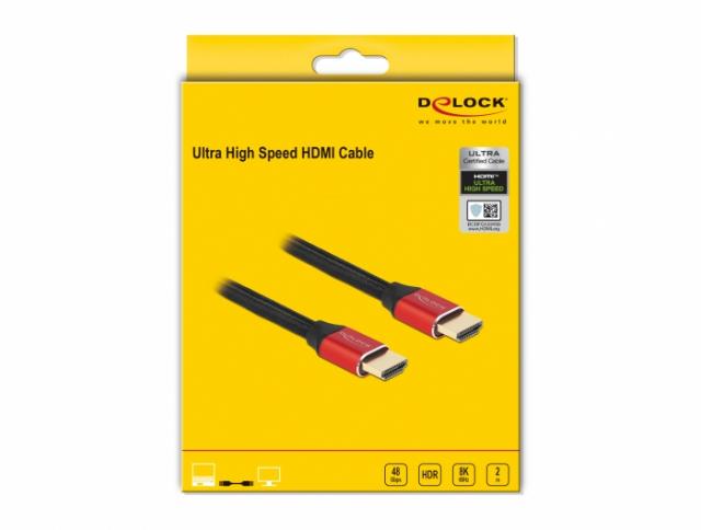 Кабел Delock Ultra High Speed, HDMI мъжко - HDMI мъжко, 48 Gbit/s, 8K 60 Hz, 2 м, Червен 