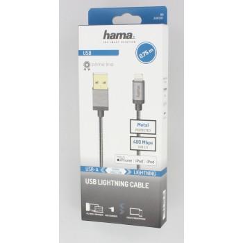 Кабел HAMA Elite USB-A мъжко - Lightning мъжко, 0.75 м., метал, Антрацит, за iPhone/iPad 