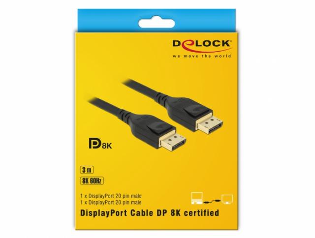 Кабел Delock, DisplayPort мъжко - DisplayPort мъжко, 3.0м, 8K 60 Hz, Черен 