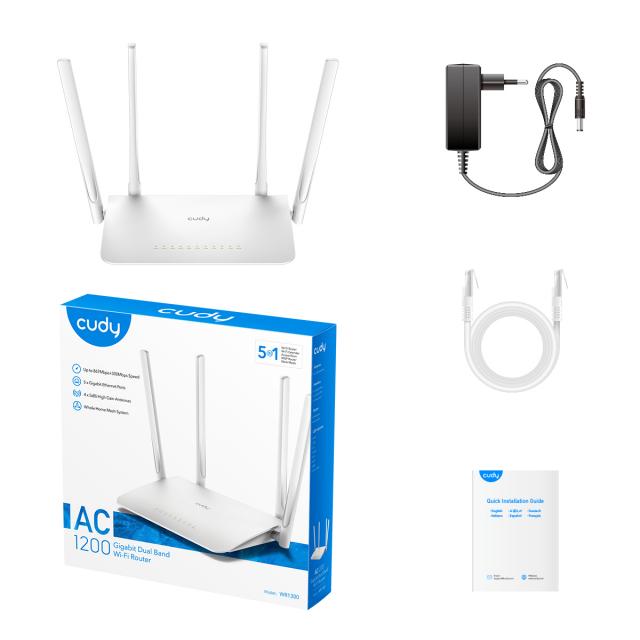 Wireless Router CUDY WR1300, Dual-band AC1200, 300+867 Mbps, DDR 128MB, White 