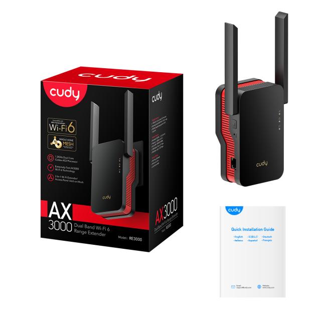 Range Extender Cudy RE3000, AX3000 Dual Band, 2.4/5 GHz, 574 - 2402 Mbps, Gigabit 