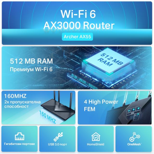 Безжичен рутер TP-Link Archer AX55, AX3000, Wi-Fi 6, Dual-Band Gigabit 