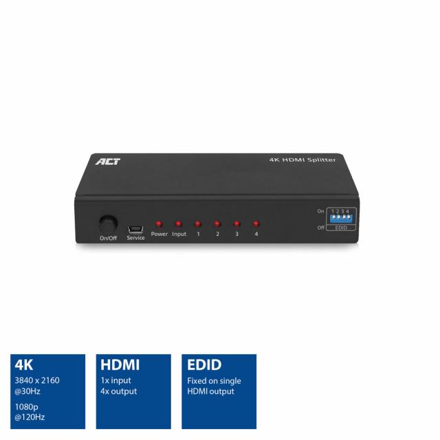 ACT 4K HDMI splitter, 1 in 4 out, EDID support 