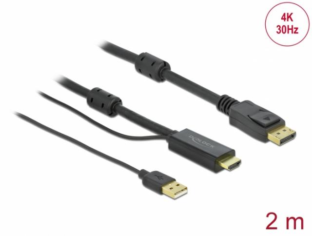 Кабел Delock HDMI мъжко - DisplayPort USB мъжко, 4K 30 Hz, 2 м, Черен 