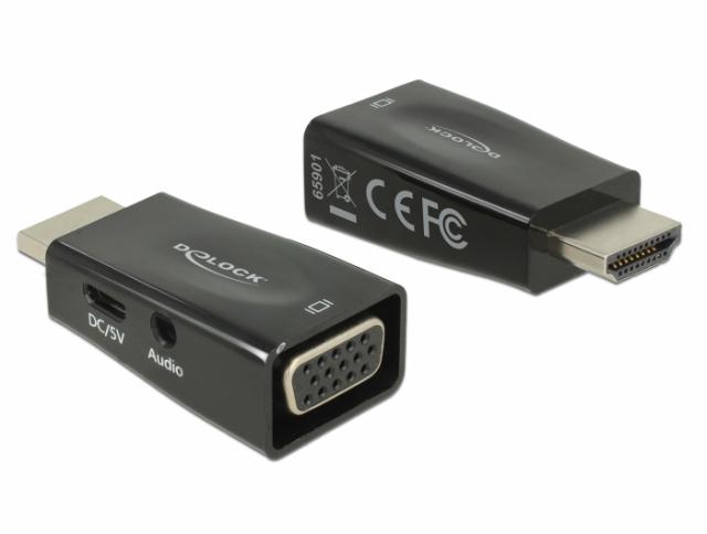 Адаптер Delock, HDMI мъжко - VGA + microUSB + Audio женско, Черен 